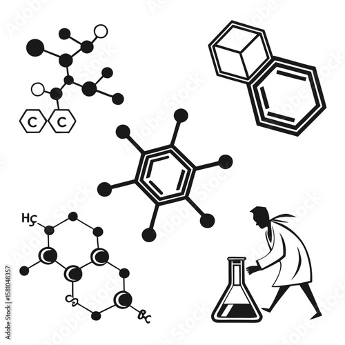 Molecular structures and scientist with flask molecule