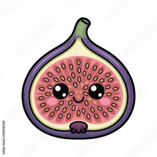 A delightful kawaii-style clipart sticker featuring a halved fig fruit, isolated against a pristine white background.