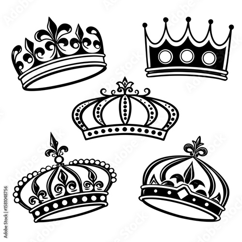 Ornate royal crowns and tiaras black silhouettes regal
