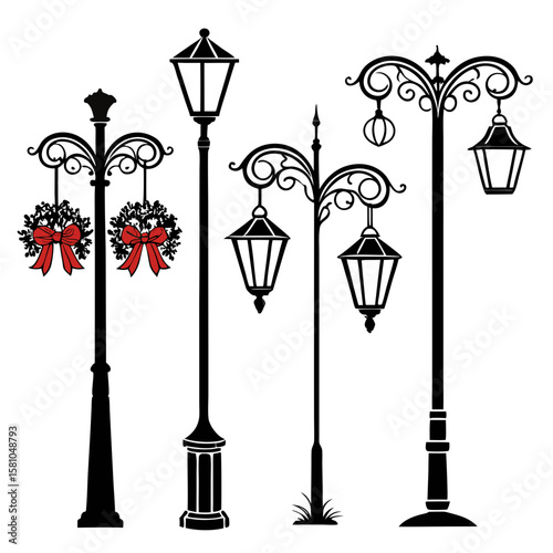 Ornate street lamps with festive wreaths vintage black silhouette
