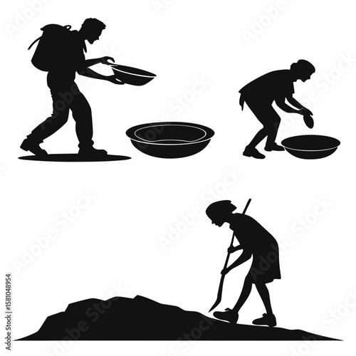 People digging and sifting with bowls silhouette
