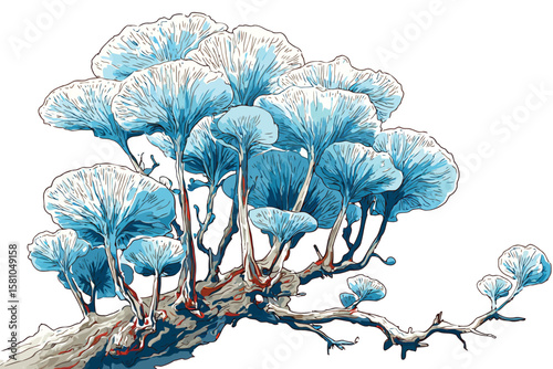 Bioluminescent mushroom growing on a tree branch, isolated on white background