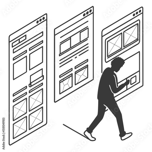 Person interacting with digital wireframe layouts ui wireframe