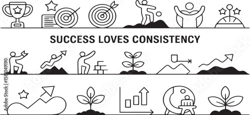 Success Loves Consistency: Growth, Achievement & Perseverance Line Icons Collection png and transparent icon deisng 



