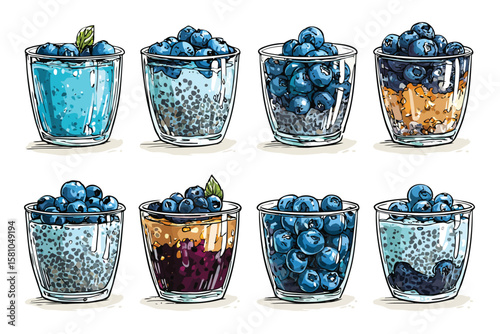 Set of chia puddings with blueberries, isolated on white background