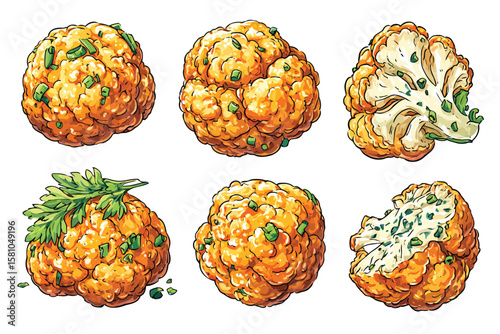 Collection of cheesy cauliflower bites with ranch, isolated on white background