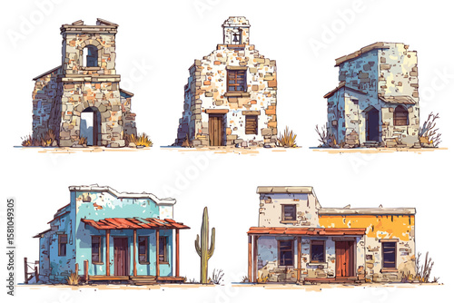 Collection of buildings of abandoned ghost town, isolated on white background