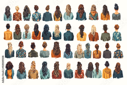 Collection of back view of women with different hairs styles, isolated on white background