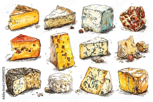 Collection of Variety of Artisan Cheeses, isolated on white background
