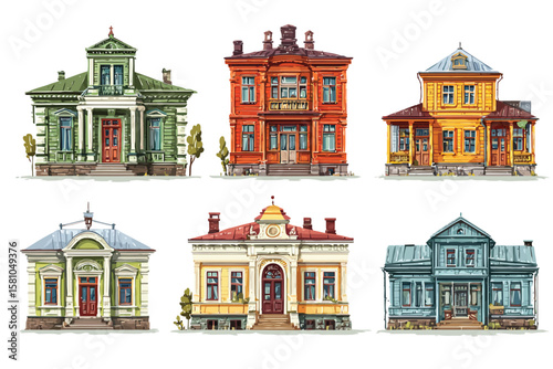 Collection of rich colonial houses, isolated on white background