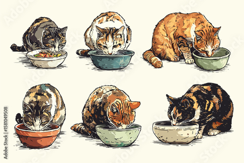 Set various cats eating from food bowls, isolated on white background