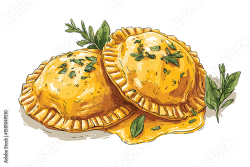 Vegetable ravioli with sauce, isolated on white background