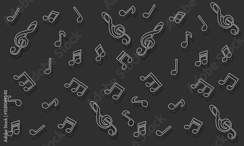 Music notes seamless pattern backdrop, Music note outline background, Seamless pattern texture design. Black and white music note pattern