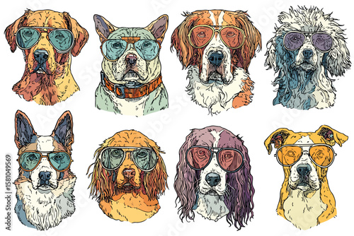 Set of various dogs in sunglasses, isolated on white background