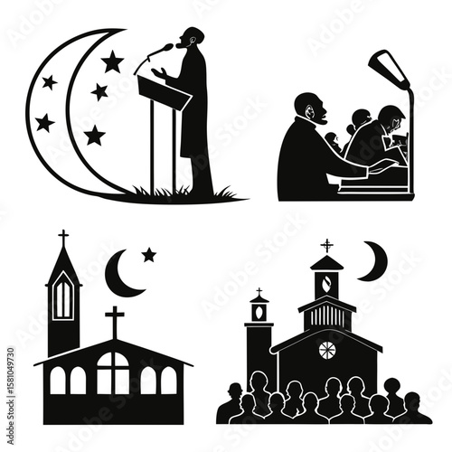 Religious gathering sermon and worship icons religion