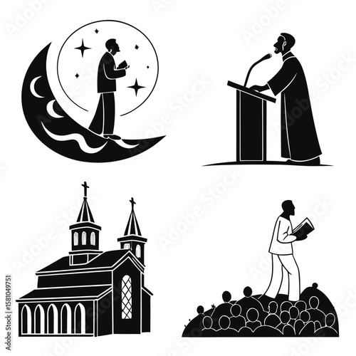 Religious icons man praying moon church sermon gathering
