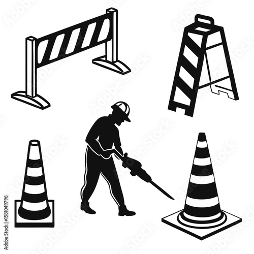 Roadwork icons worker barrier cones construction safety