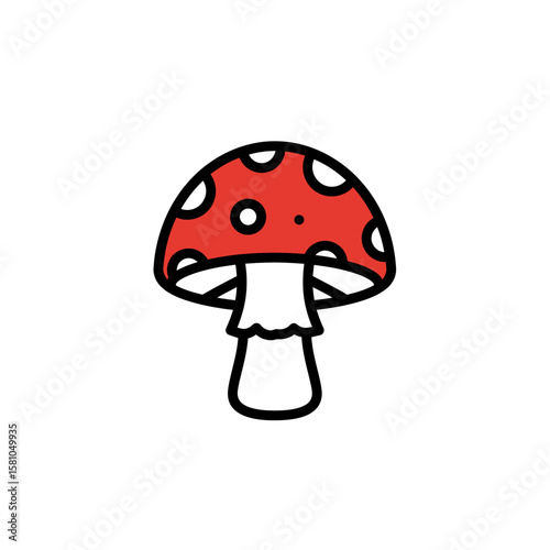 Red Mushroom Icon White Spots Bold Black Outline Simple Design