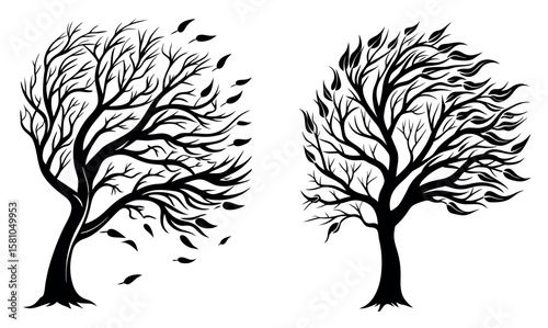 Windblown Tree Silhouette Vector Set
