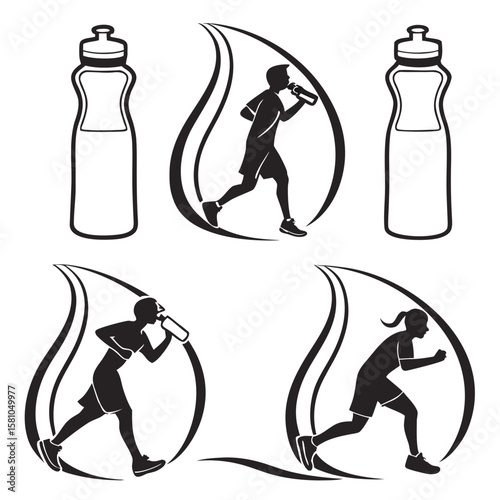 Running figures and water bottles fitness sports