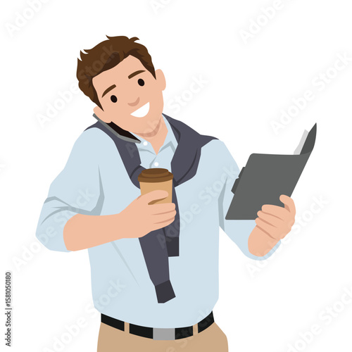 Busy professional juggling a phone call, coffee, and clipboard, Hustle of modern business life. Flat vector illustration isolated on white background