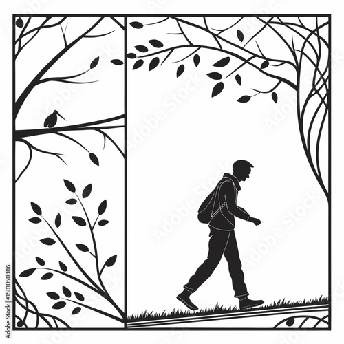 Silhouette of man walking through trees with bird branches