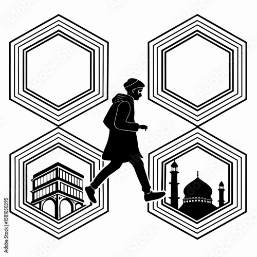 Silhouette person walking between abstract frames with landmarks