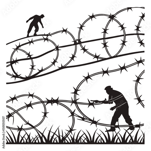 Silhouettes of people navigating tangled barbed wire