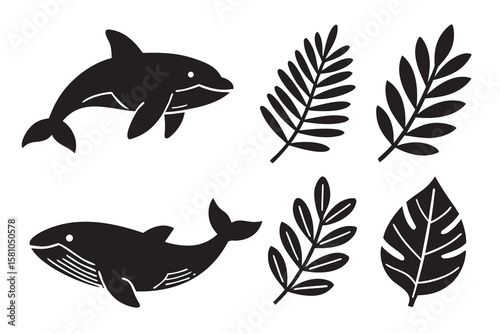 Set of cute cartoon whale and dolphin silhouettes with tropical palm leaves on white background simple minimalist ocean sea animal vector illustration for design