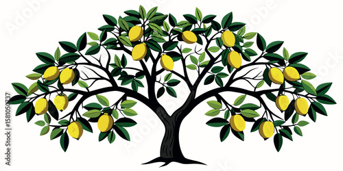 Vector art of a lively depiction of a lemon tree bearing abundant yellow citrus fruits, isolated on a white canvas