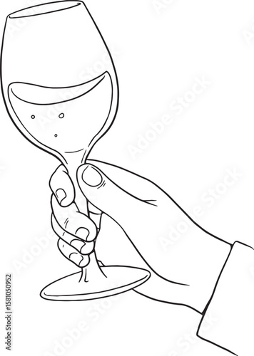 Elegant hand holding a glass of wine, perfect for celebrating, toasting, or enjoying a drink. Ideal for party invitations, restaurant menus, special occasions, or any design needing a touch.
