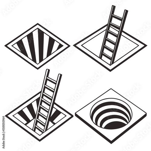 Square holes with ladders and optical illusions black and white