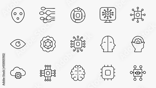 Artificial Intelligence and Machine Learning Line Icons Set – Neural Networks, Algorithms, Automation, AI Chip, and Robotics Vector Pictograms