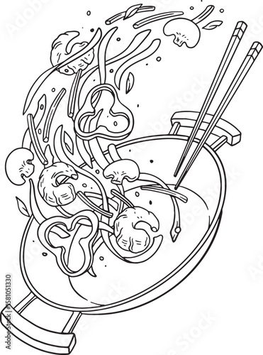 line art illustration of a wok tossing various ingredients like mushrooms, bell peppers, and other vegetables into the air, with chopsticks resting on the side.
