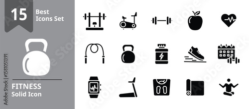Solid icon set illustrating fitness and workout activities including gym training, yoga poses, weightlifting, running, stretching, and fitness tracking, ideal for gym apps, personal coaching platforms