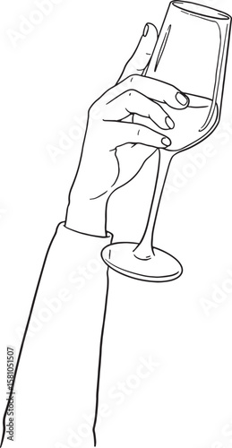 Elegant hand holding a glass of wine, perfect for celebrating, toasting, or enjoying a drink. Ideal for party invitations, restaurant menus, special occasions, or any design needing a touch.