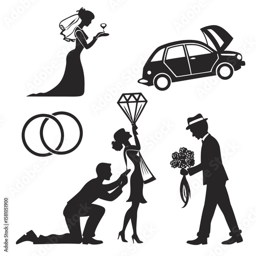 Wedding celebration icons bride groom car rings proposal