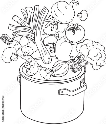 Line art illustration featuring a cooking pot overflowing with a variety of fresh, wholesome vegetables like leeks, tomatoes, mushrooms, cauliflower, and onions. This image is perfect for themes.