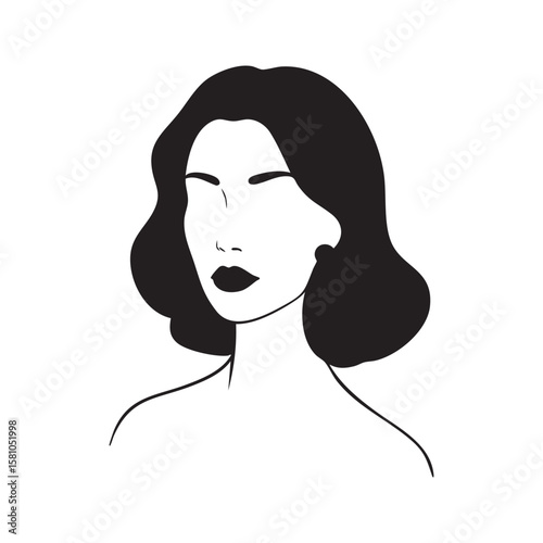 Elegant woman portrait silhouette with wavy hair isolated on white background