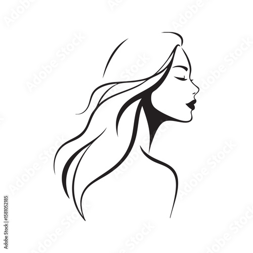 Elegant woman s profile with flowing hair silhouette isolated on white background