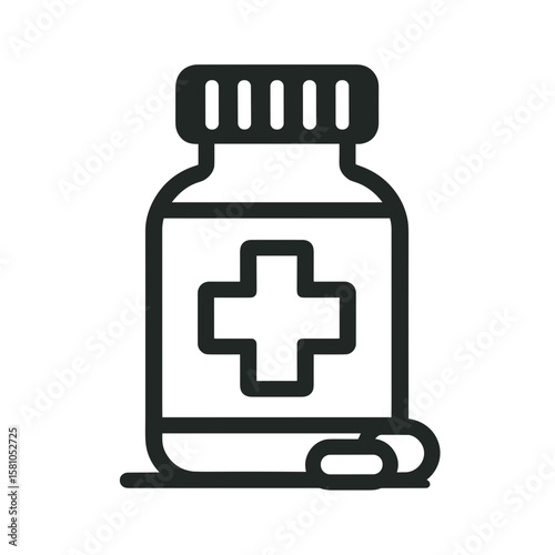 Medicine bottle icon, minimalist design, black and white, pharmaceutical illustration, copy space