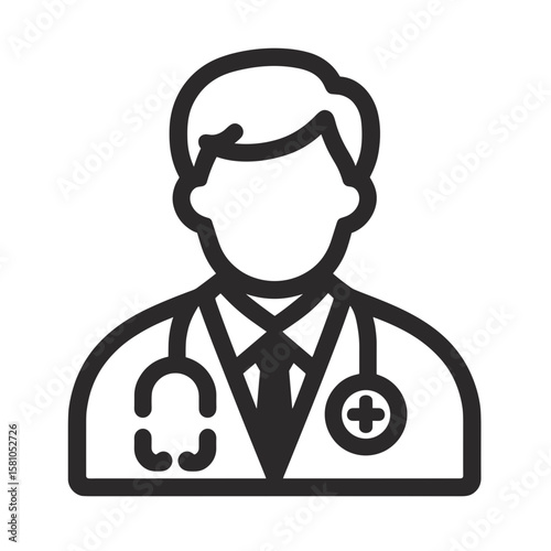 Doctor icon in lab coat with stethoscope, minimalist design, black and white, medical illustration, copy space