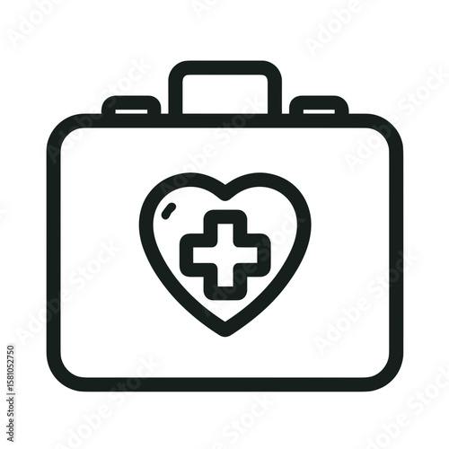 First aid kit icon with heart design, minimalist style, black and white, medical illustration, copy space