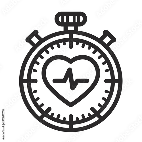 Stopwatch icon with heart and heartbeat line, minimalist design, black and white, health illustration, copy space