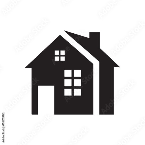 Modern house icon with chimney and windows silhouette isolated on white background