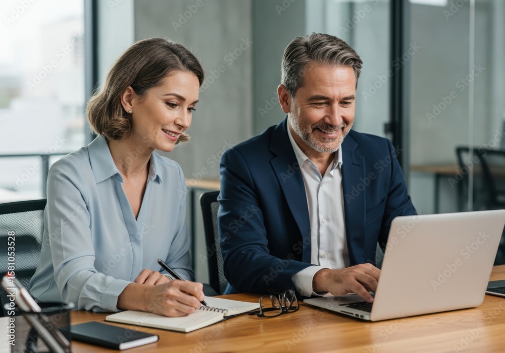 Two smiling colleagues a man and a woman collaborate effectively on a laptop in a modern office setting Two smiling colleagues a man and a woman collaborate effectively on a laptop in a modern office setting