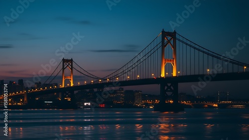 Silhouetted suspension bridge at dusk with city lights