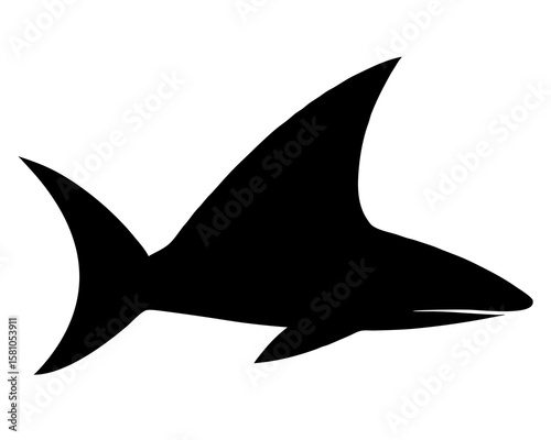 Silhouette of a shark swimming with dorsal fin and tail fin isolated on a white background