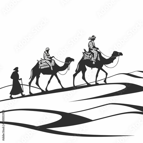 Three figures travel across desert dunes on camels and walking silhouette isolated on white background
