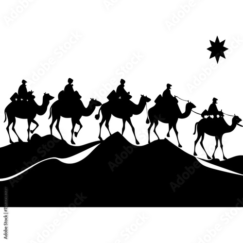 Three wise men on camels following star silhouette isolated on white background